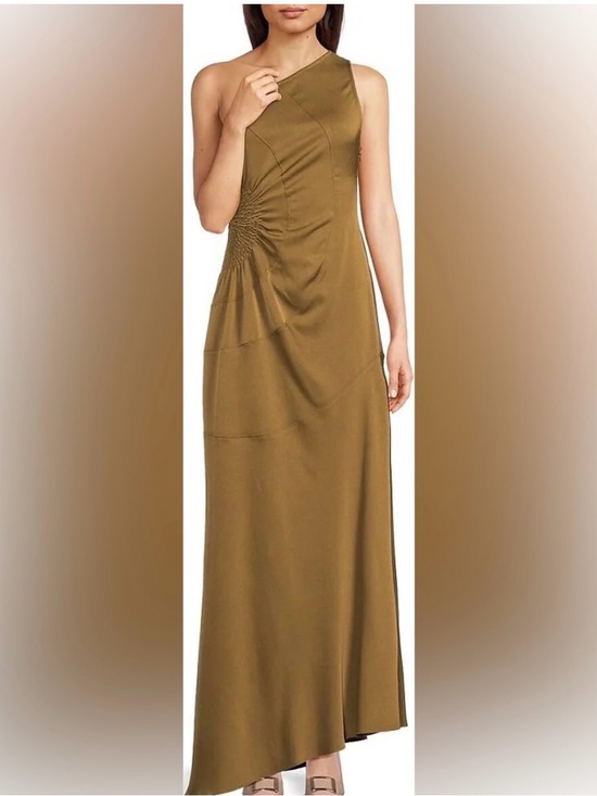 A.L.C. Dresses & Skirts - A.L.C. NWT One Shoulder Satin Maxi Dress Olive Brown Ruched Wedding Guest